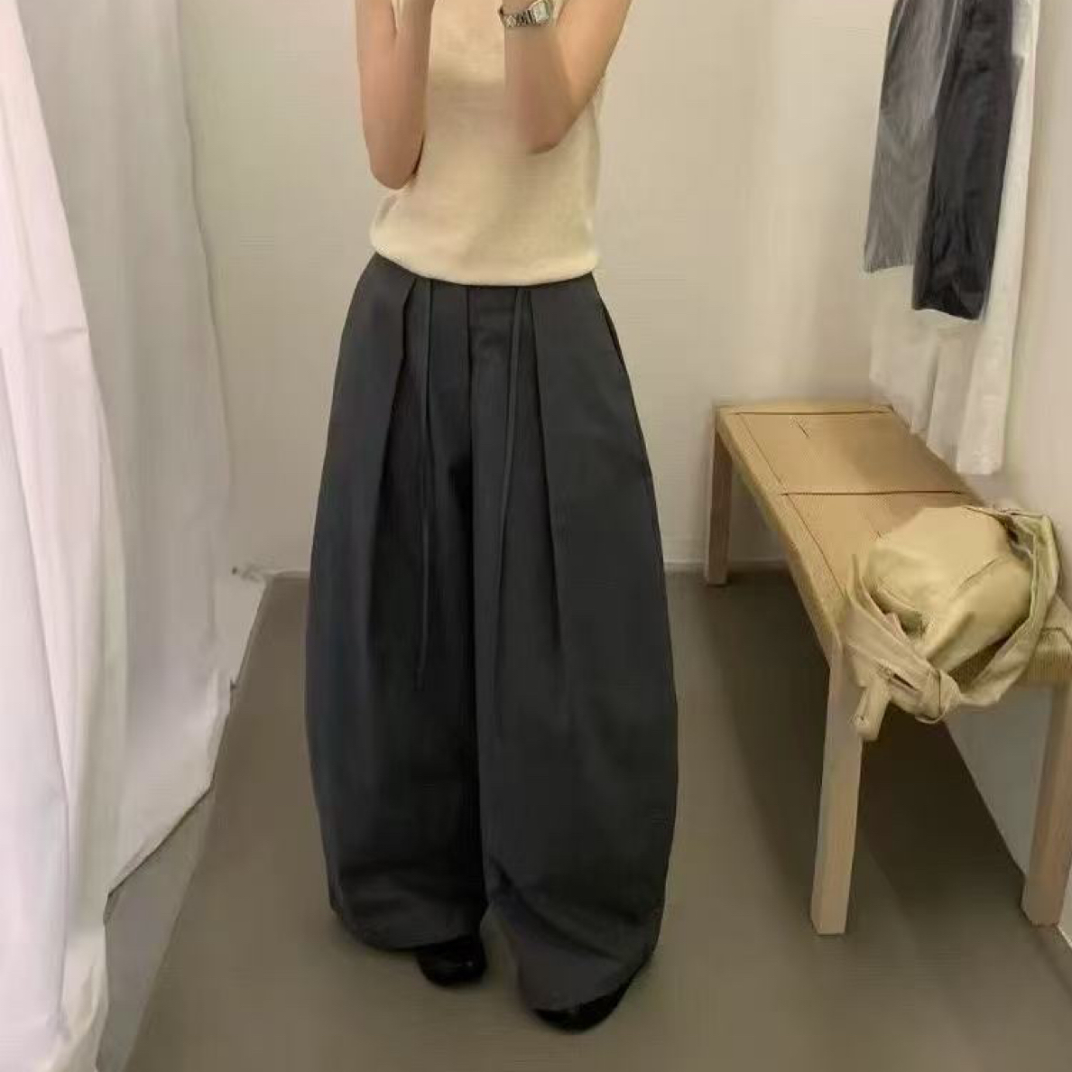 十三行韩系抽绳系带气球裤女秋慵懒风2025新款工装阔腿裤休闲裤子