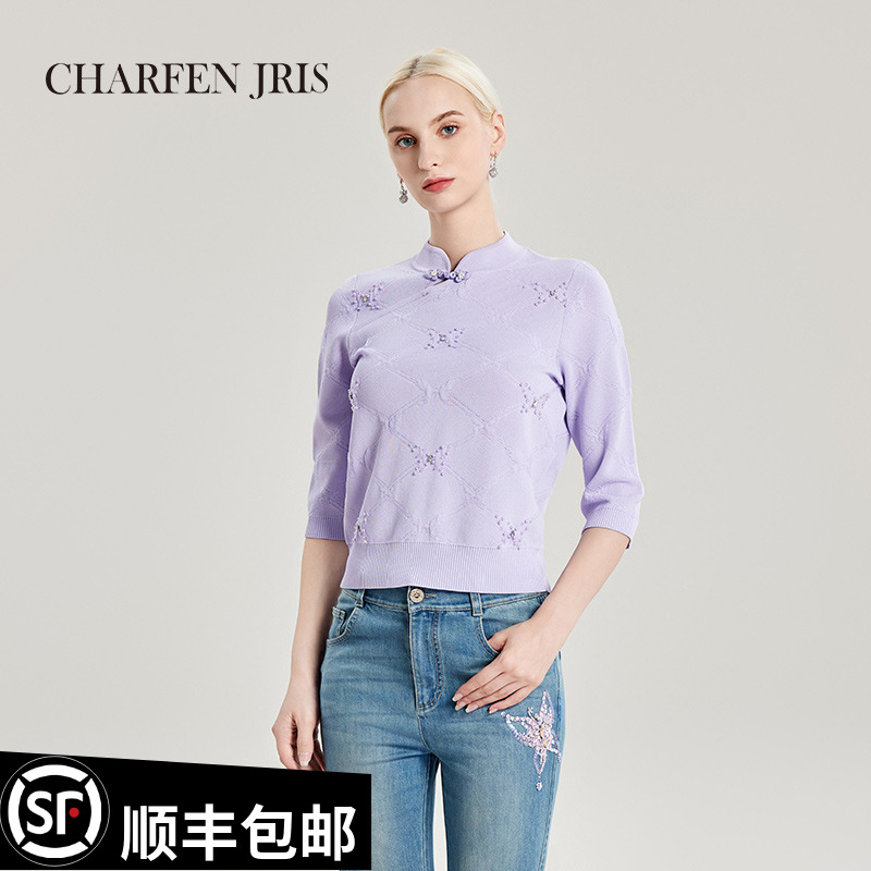 【王王精选】朝峰秋季新款国风典雅立领套头毛织上衣FJE3A610-6013C