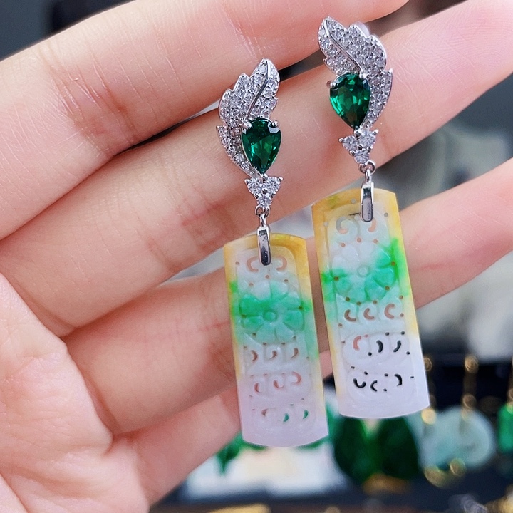 翡翠耳饰银S925镶嵌饰品