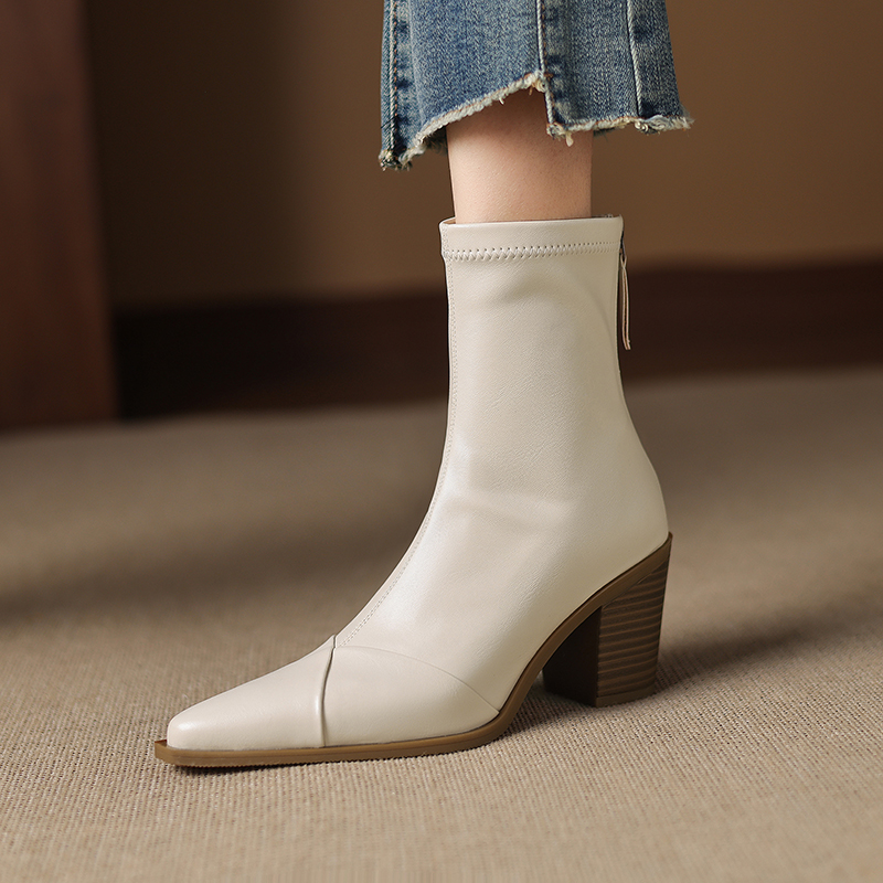 7.5cm时装靴粗跟靴白色百搭单靴复古中跟尖头时装弹力气质瘦瘦靴