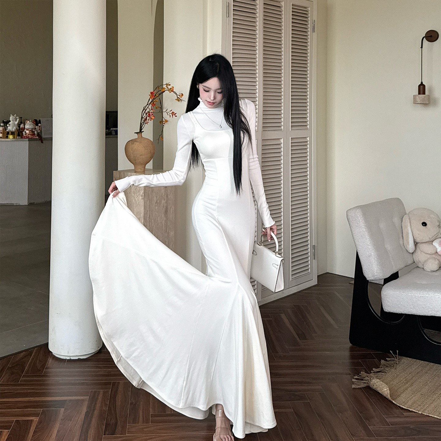 TITI 秋冬半高领木耳花边假两件鱼尾连衣裙高腰包臀裙御姐高智感