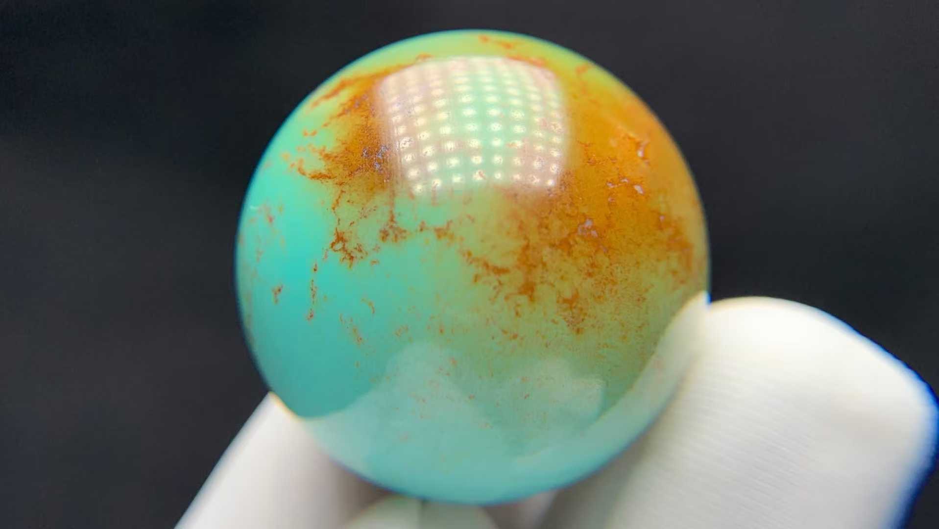 瓷釉级特色水波纹绿松石圆珠，玻璃光泽，直径22.5mm，天然色泽纹路