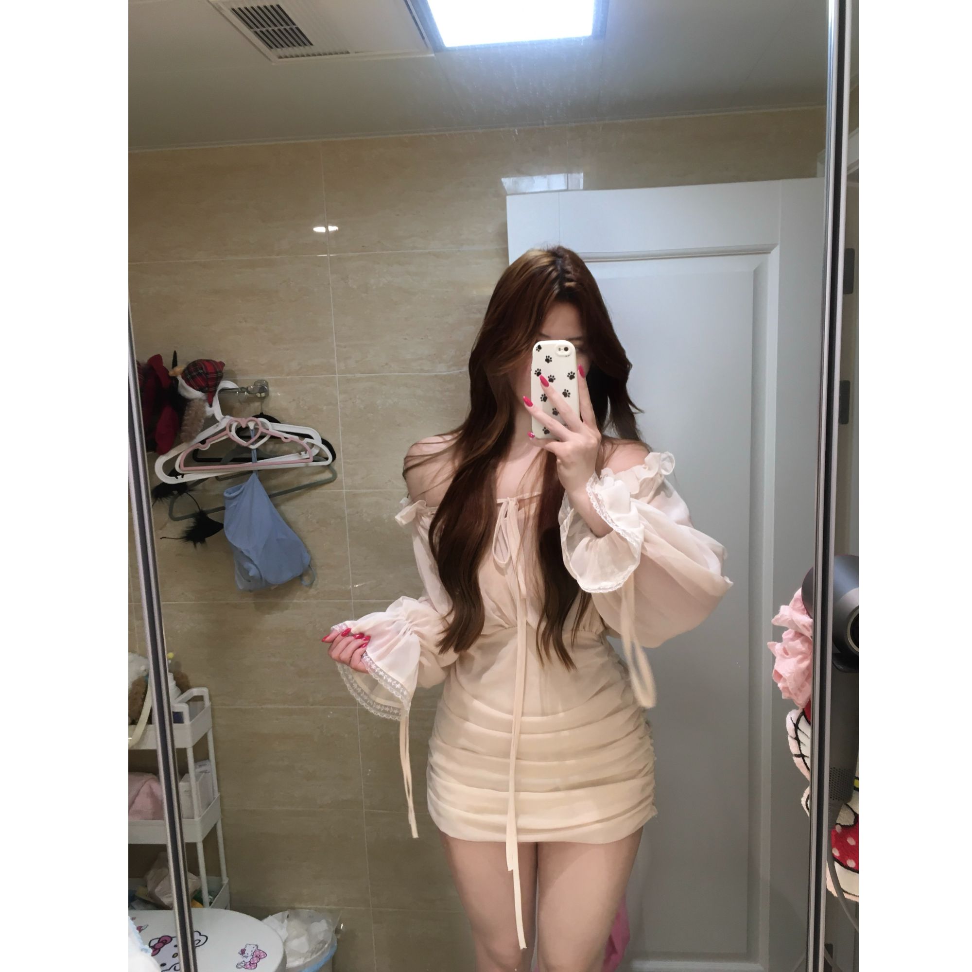【江南美人】2025早秋新款纯欲气质收腰短裙包臀裙一字肩雪纺连衣裙
