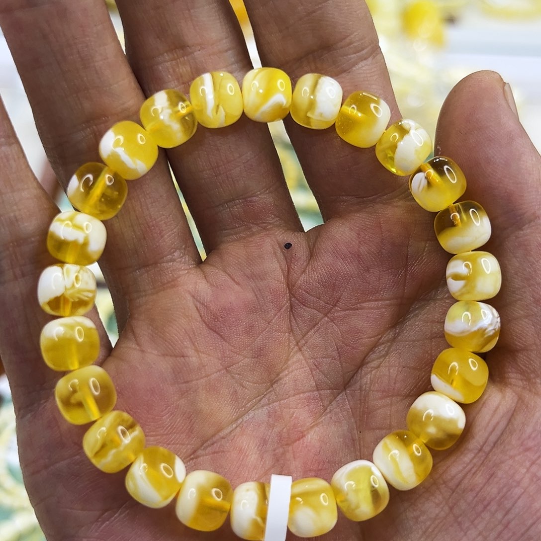蜜蜡未镶嵌手链8.5mm金瓷白老型手串