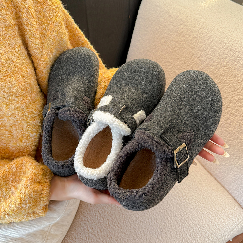 5cm森系灰色加绒勃肯单鞋女2025年秋冬新款复古加绒一脚蹬棉鞋子 