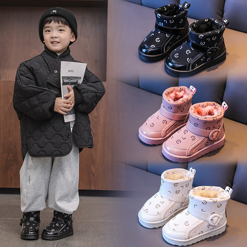 儿童雪地靴冬季耐磨加厚男女童时尚靴子宝宝加绒保暖棉靴小孩短靴