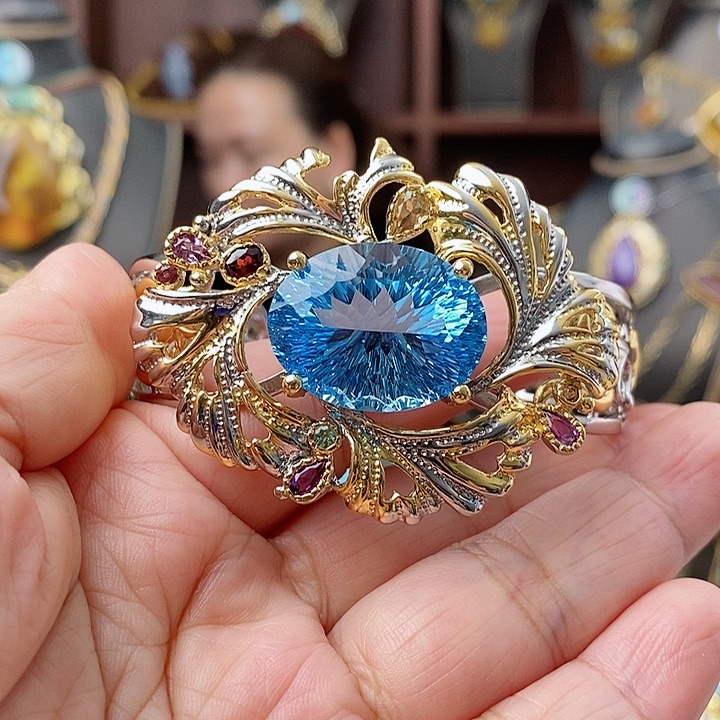 托帕石手镯银S925镶嵌手镯