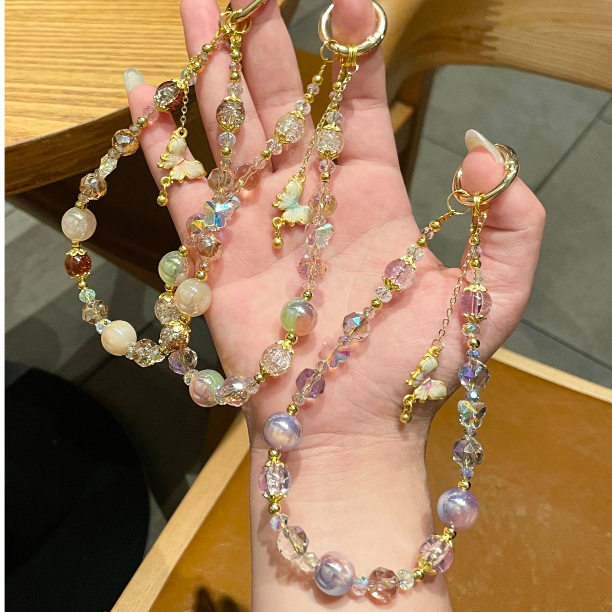 【鎏金醉蝶】轻奢高级感水晶串珠手机挂件包包挂饰手腕式钥匙扣挂件