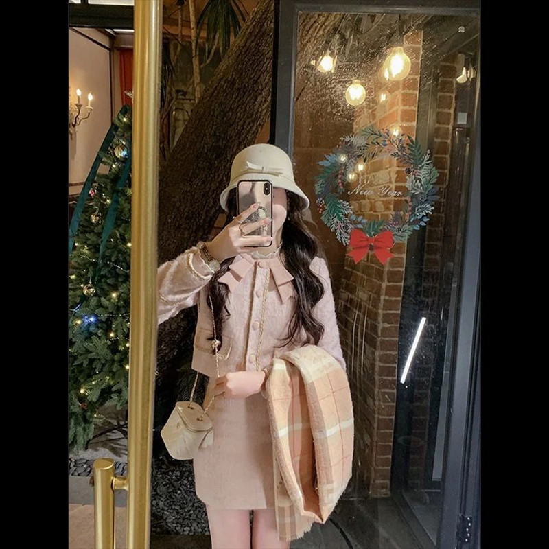 粉色小香风外套a字半裙套装女秋冬温柔轻奢名媛小众高级感两件套