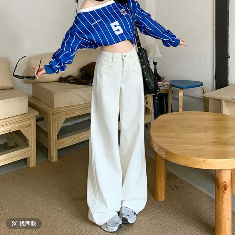 高个子175直筒窄版阔腿原米白色牛仔女裤2025春季遮跨高腰拖地裤