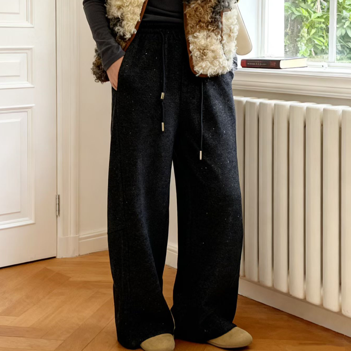 秋冬加绒加厚高腰撒银弯刀阔腿裤显瘦百搭休闲保暖裤子糯米