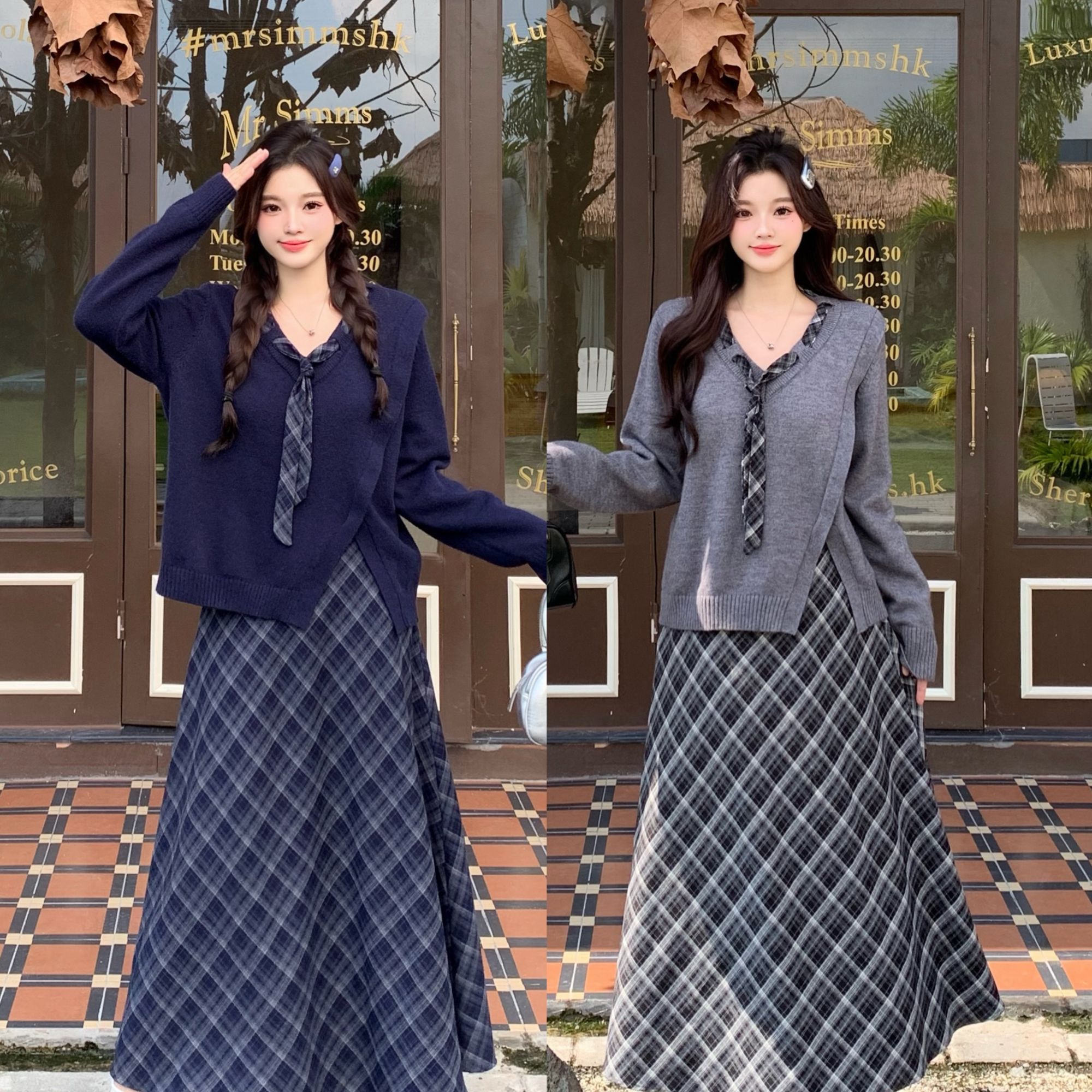 2025秋装大码女甜美通勤气质针织毛衣上衣格子半身裙72069+23166