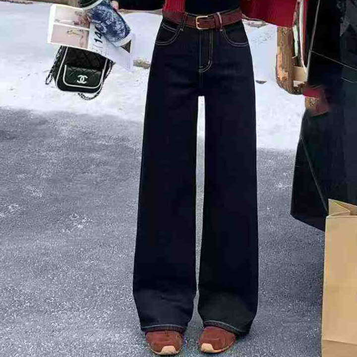2025加绒直筒牛仔裤女秋冬遮胯显瘦垂感加长纯棉窄版阔腿裤子9603