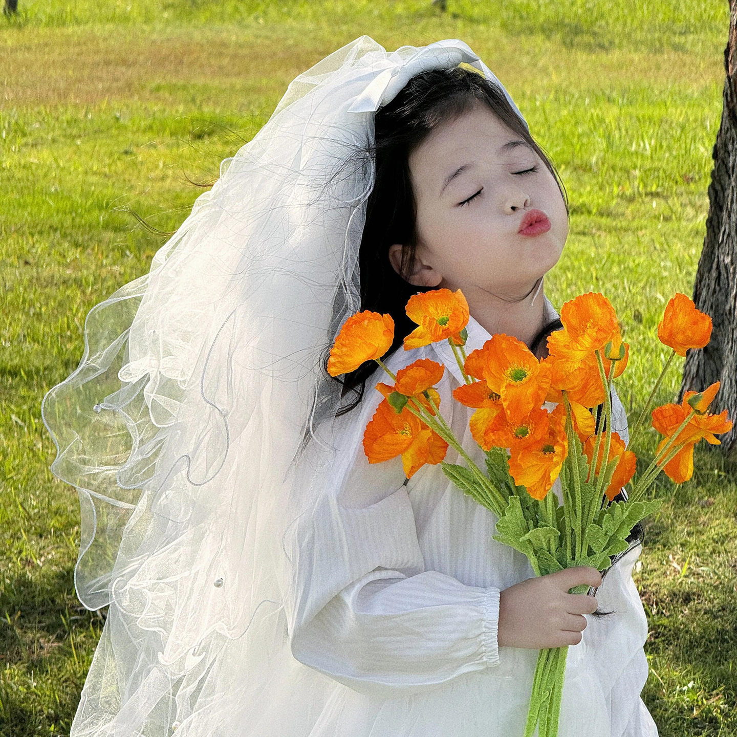 儿童超仙头纱婚礼花童宝宝生日蝴蝶结头饰女童公主风写真拍照发卡