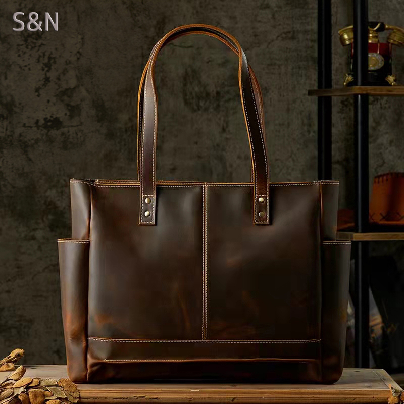 手工牛皮托特包男女欧美单肩包休闲手提男包上课通勤包真皮女包包