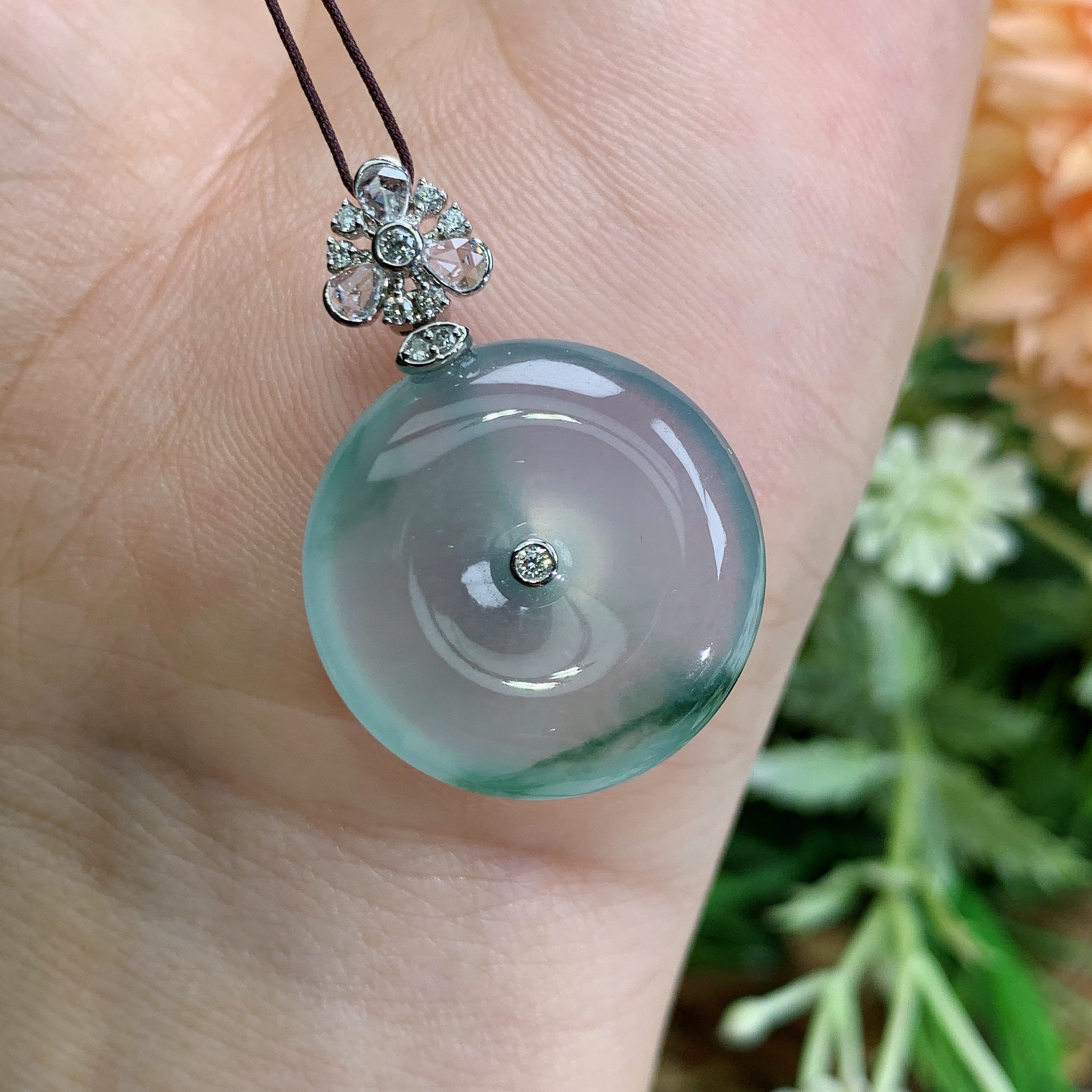 缅甸天然翡翠A货18k高冰起钢光飘花平安扣吊坠奋尺寸30/21/6mm
