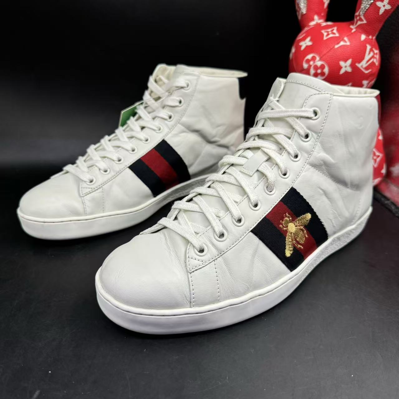 95新 GUCCI/古驰 【AO福利】41.5欧码 男白色蜜蜂ace高帮板鞋ao391