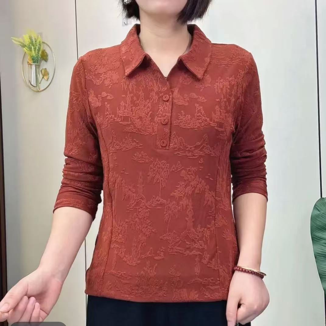 1218提花polo领长袖女士印花洋气翻领休闲上衣