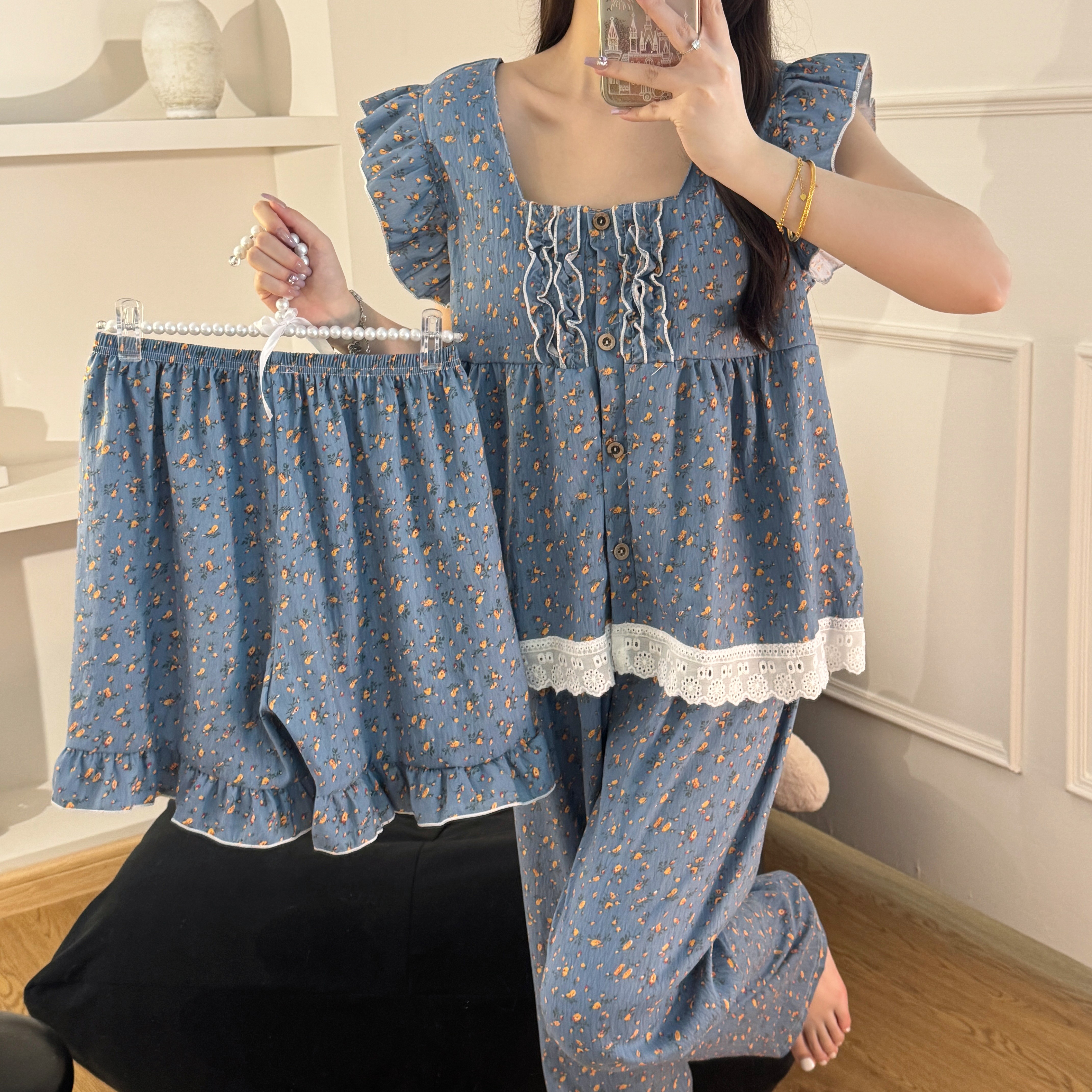 牛仔蓝碎花田园风夏季短袖新款甜美睡衣带胸垫三件套家居服套装