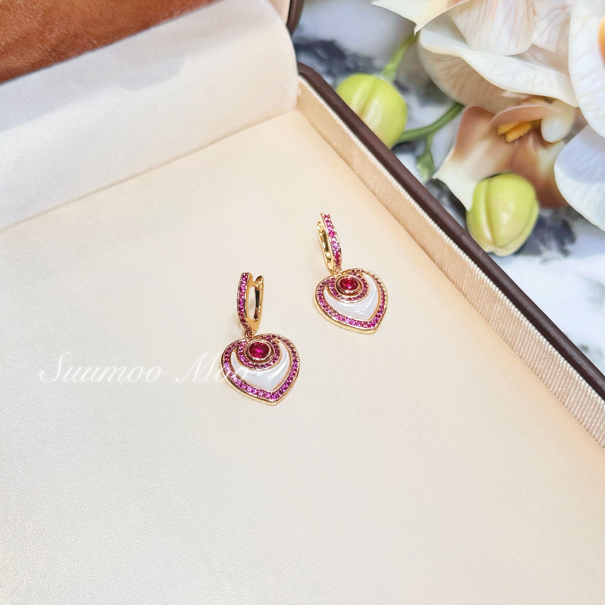 铜合金合成锆石耳饰 国风时尚粉钻爱心耳环 耳扣款