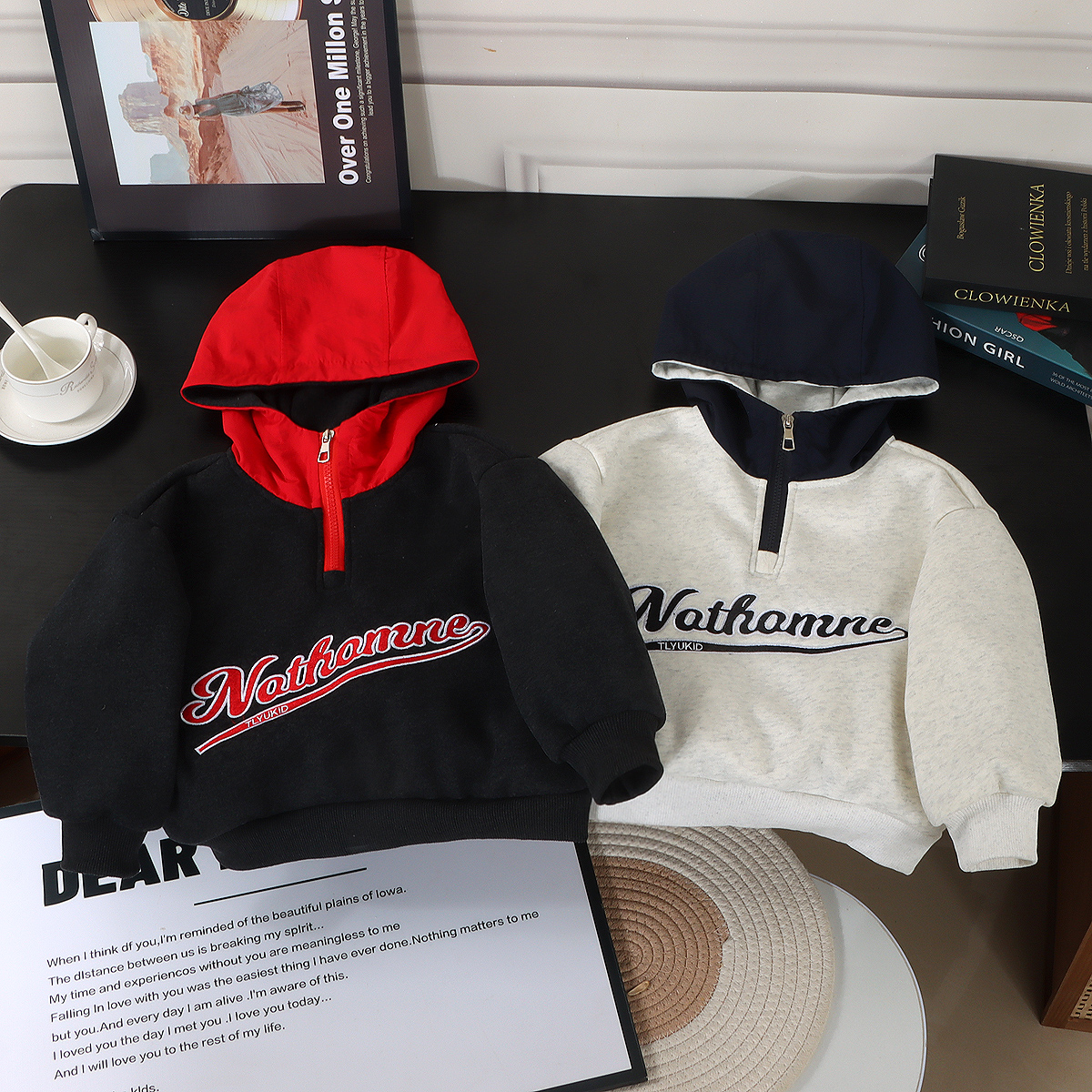 加绒款秋冬新款儿童连帽半拉链加绒休闲刺绣卫衣