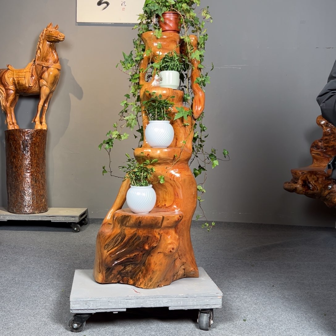 香樟木开**人根雕花架整体无拼接