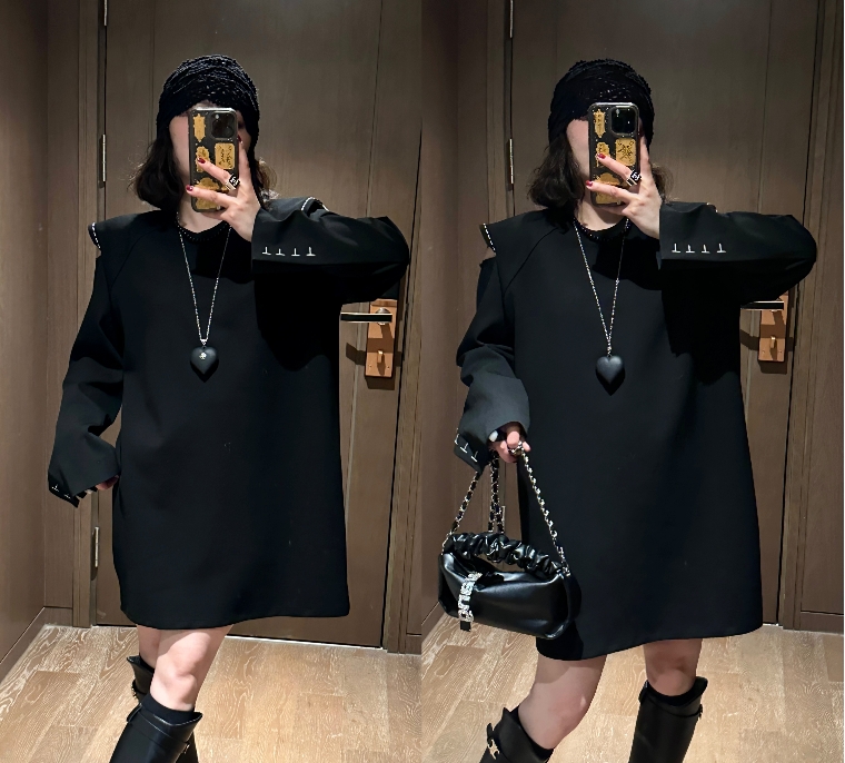 YDFSTUDIO小众【简易奢雅】法式早春设计师款漏肩时尚百搭连衣裙