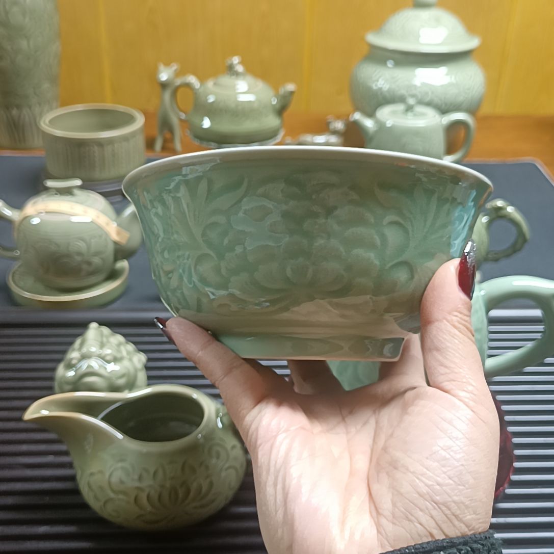 耀州窑青瓷塔式牡丹碗5.5寸2只