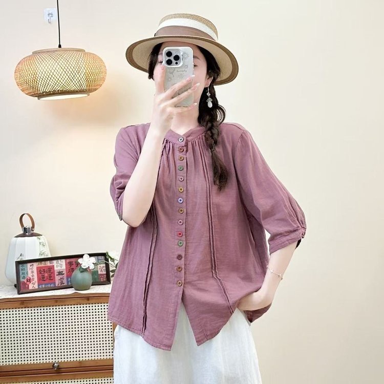 【彩扣中袖】超薄双层棉纱女士衬衫衬衣上衣女士轻熟风0001596 30