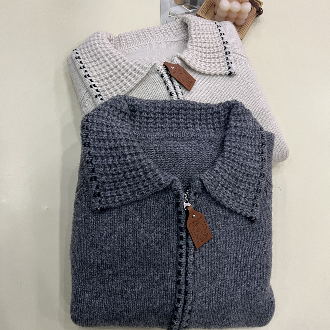 绒品 韩系翻领下摆提花拼色加厚开衫针织衫