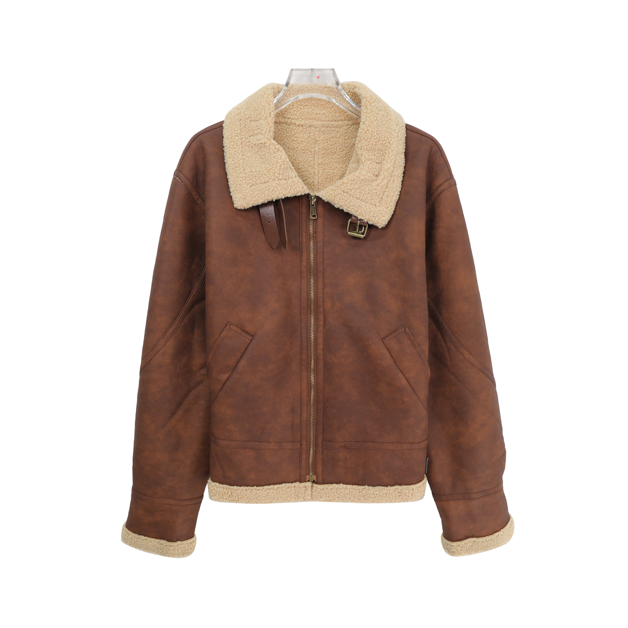 毛毛翻领暗纹皮扣复古百搭夹克外套K24423