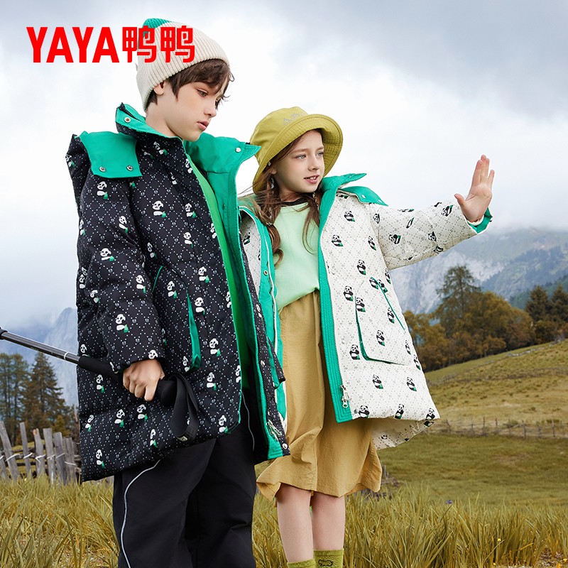 YAYA/鸭鸭儿童羽绒服男女童冬季2025中长款熊猫中大童装加厚外套