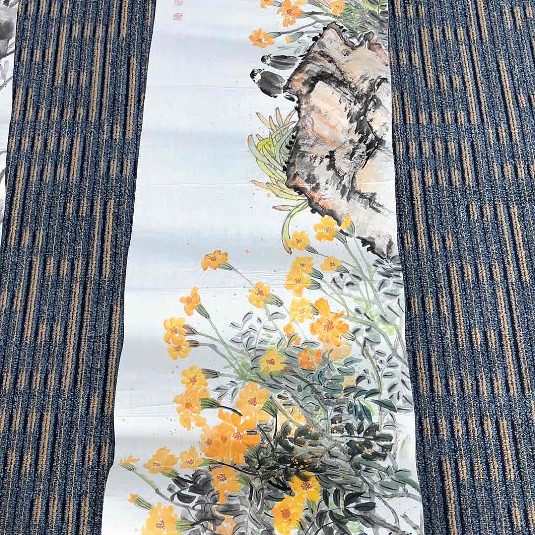 国画师亚兰六尺对开花鸟朱