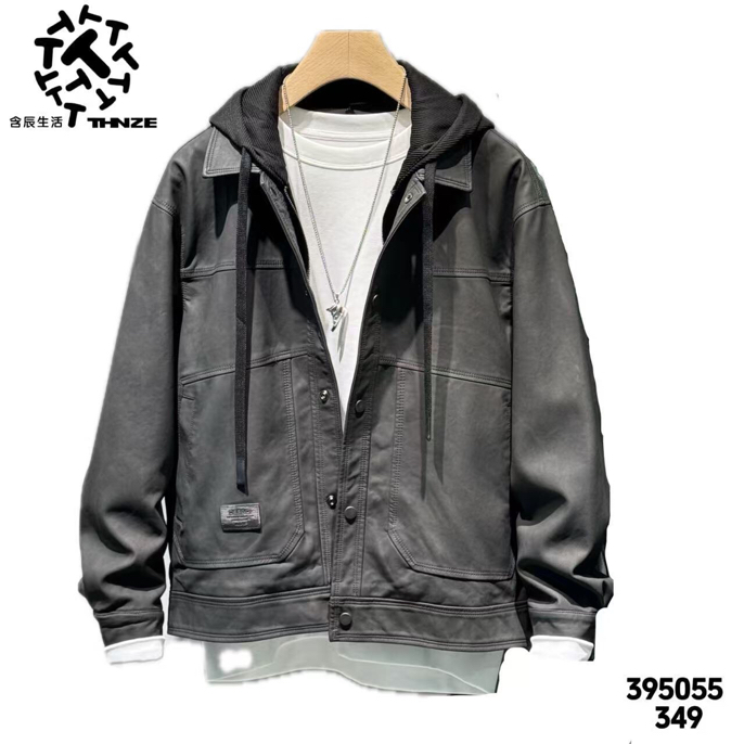含辰生活男士秋冬新款男士连帽可拆加绒保暖皮衣休闲外套395055