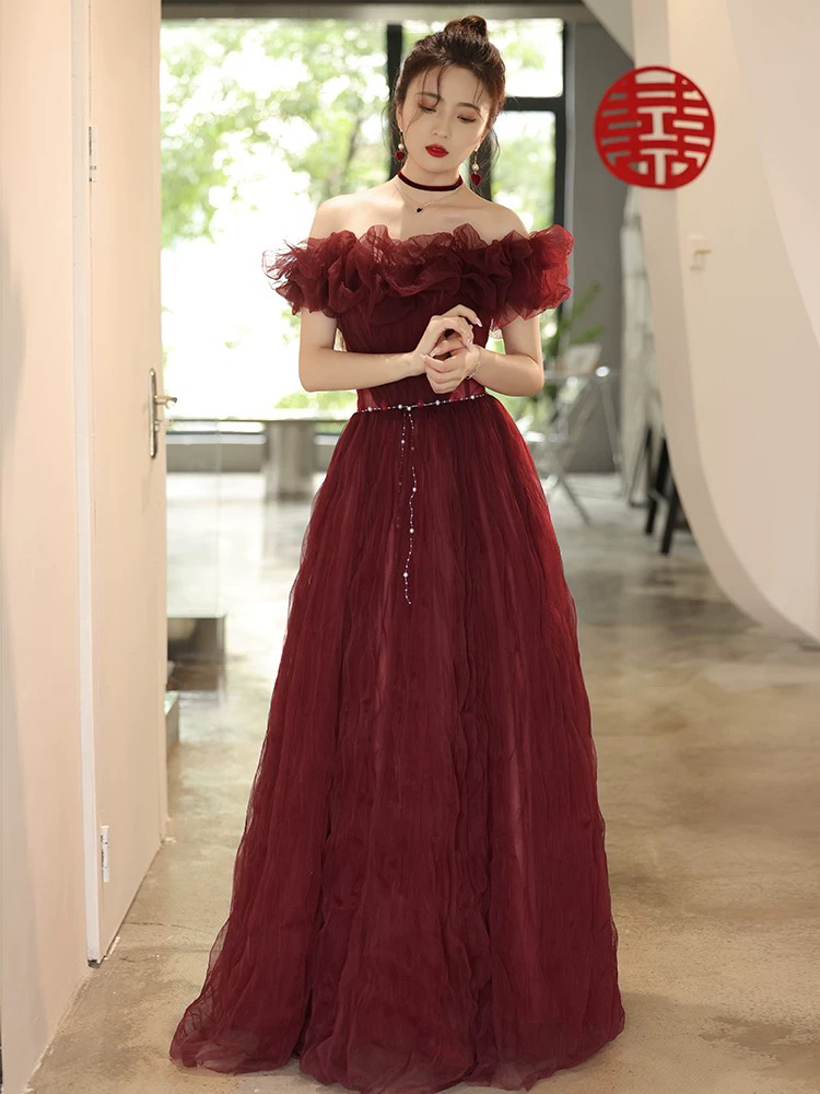 直播链接断码特价一字肩敬酒服新娘气质婚礼酒红色纱裙生日仙气女