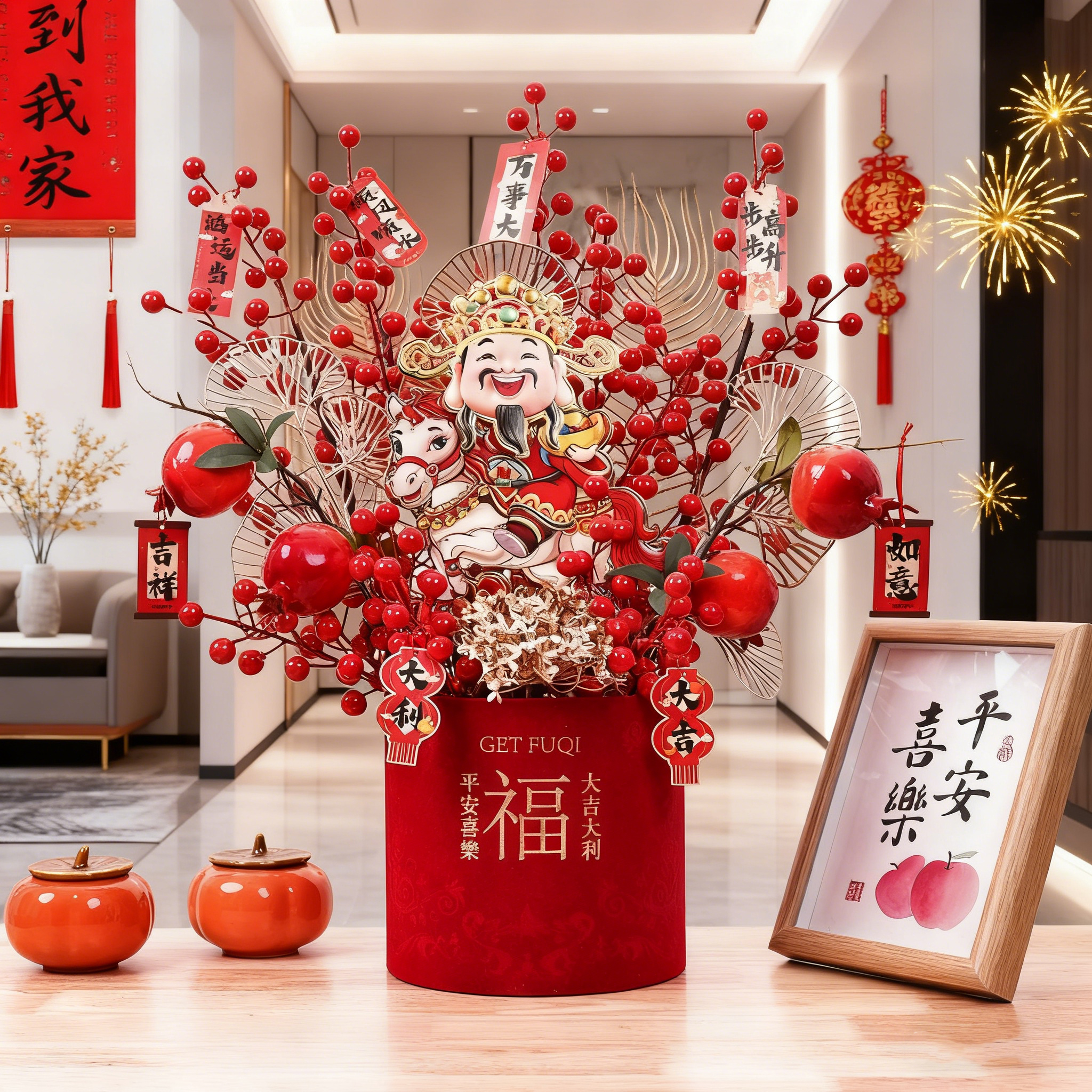 2026新款点头财神马上来财福桶抱抱桶新婚乔迁新年发财果插花摆件