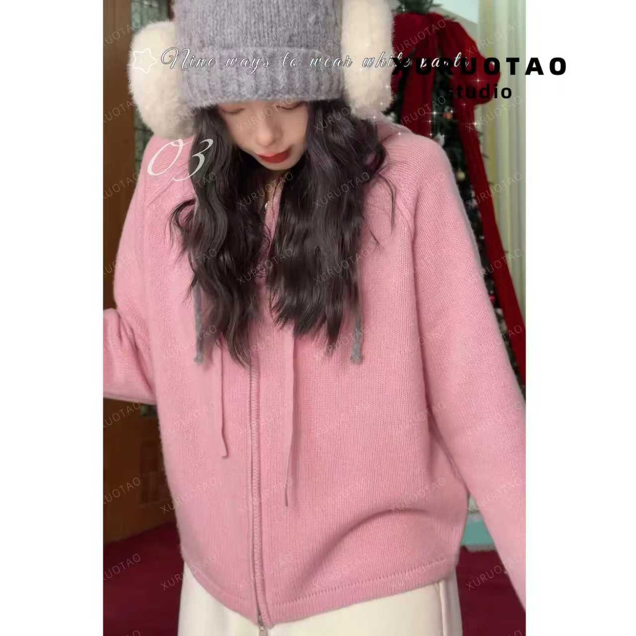 XURUOTAO 【浪漫聚焦】100绵羊毛连帽设计少女感显瘦粉色卫衣 T5889