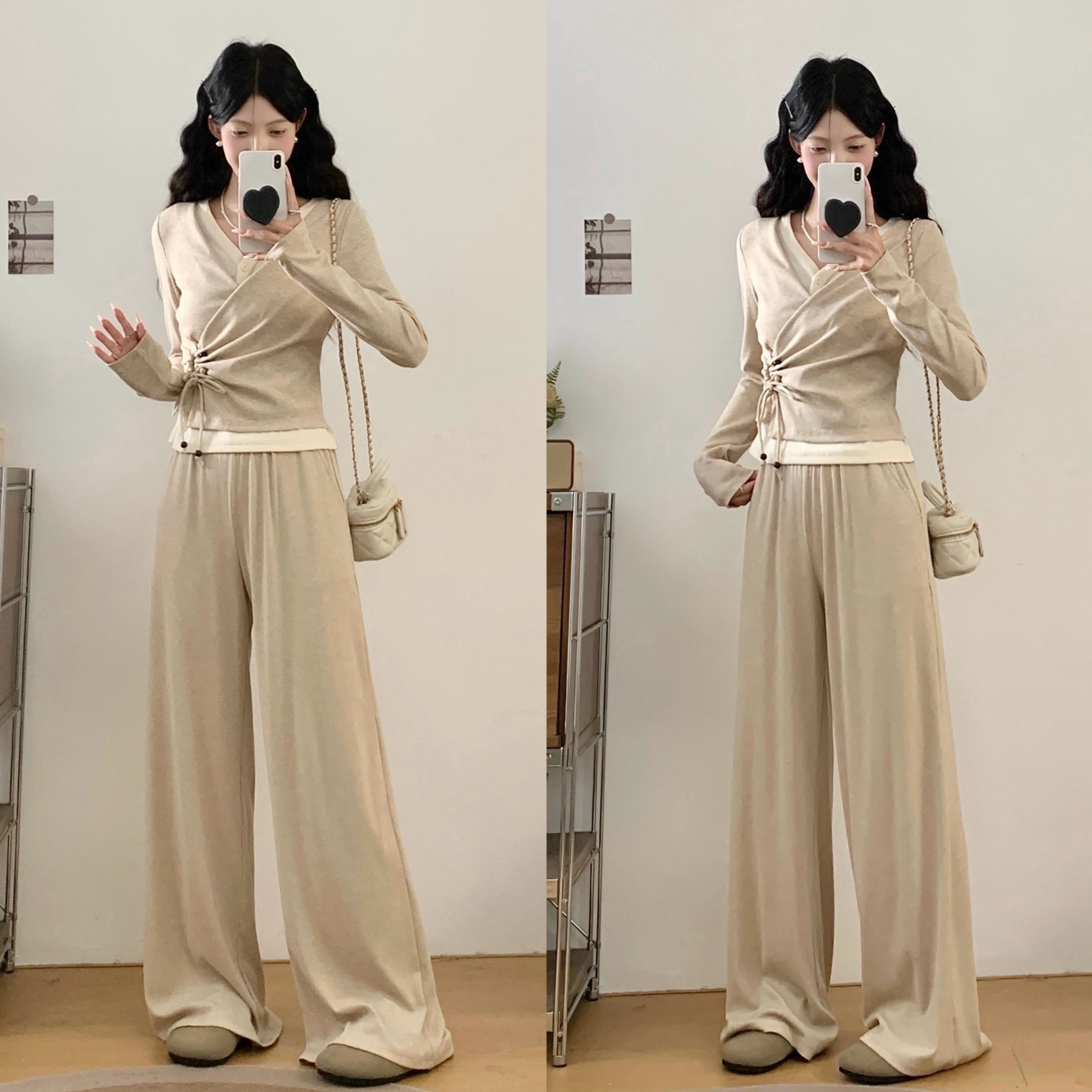 大码女装秋季新款气质休闲燕麦色长袖T恤+百搭休闲裤套女两件套