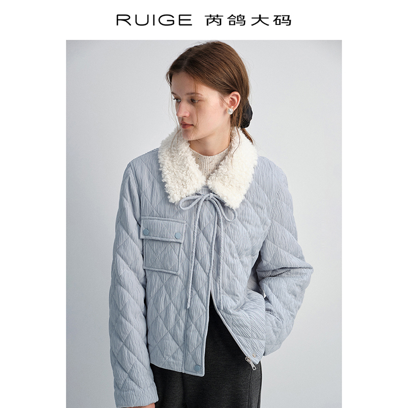 芮鸽微胖定制撞色翻领菱格棉衣2026休闲气质胖mm显瘦棉服0124LY