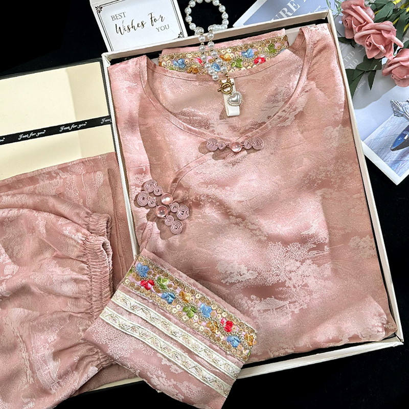 刺绣新中式睡衣女夏季冰丝透气复古装中国风民族提花家居服薄款