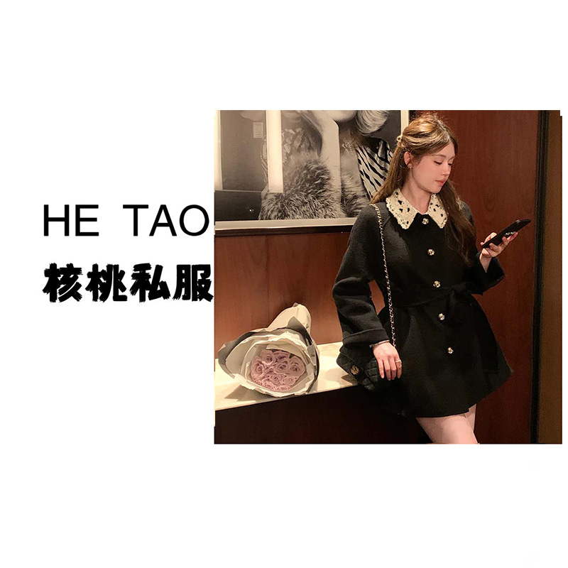 【核桃】黑【有里布】【含腰带】miu系大衣女系带翻领毛呢外套TX0235