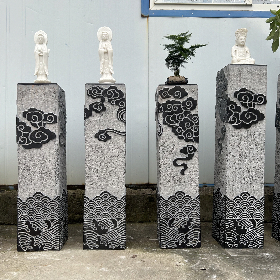 天然青石石雕祥云柱花架新中式客厅玄关展示用石置物架-不包邮