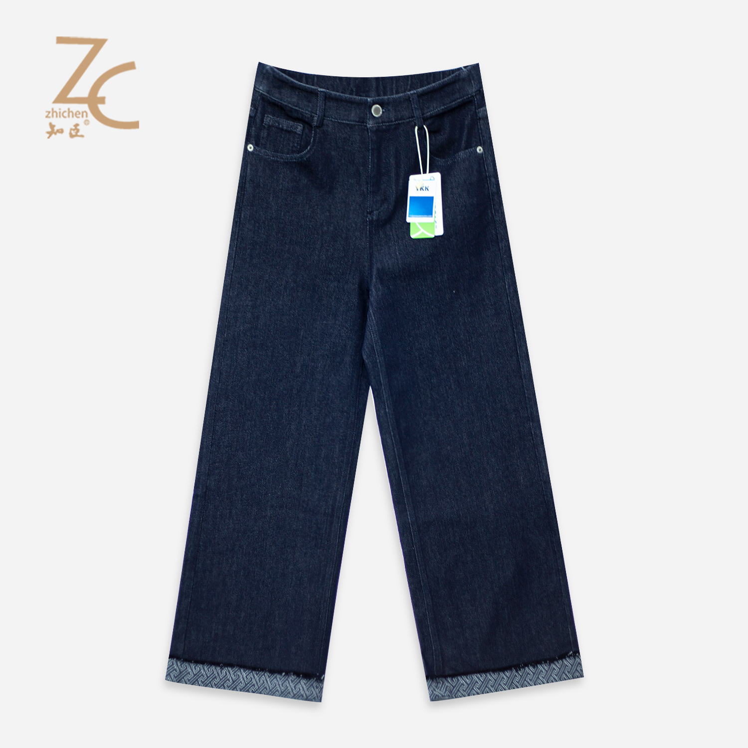 知臣早秋新品 高腰宽松脚口须边装饰牛仔微喇小A裤女 T25863018