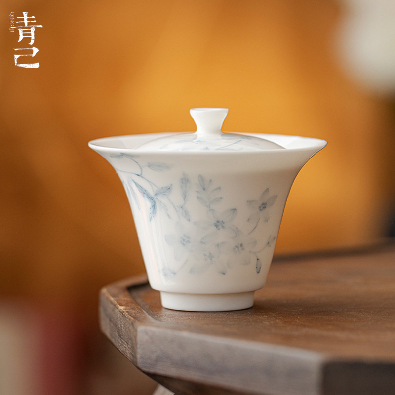 青己桃花轻淡手绘青花盖碗釉下彩功夫茶具泡茶陶瓷文人薄胎家用