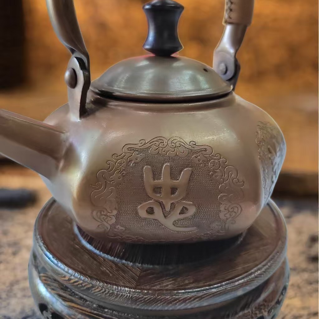 手工锤纹加厚精品紫铜錾刻茶具