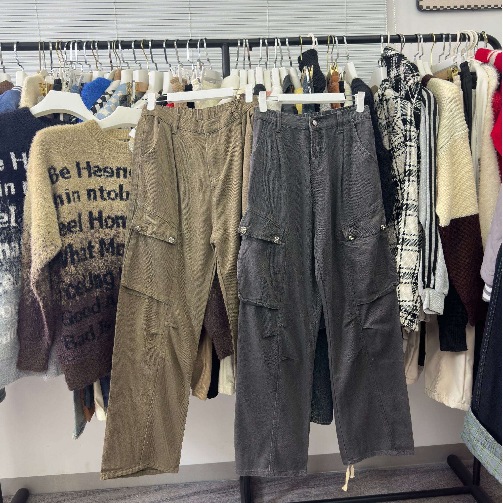 A617-BY春秋季百搭休闲裤男宽松直筒阔腿裤子多口袋工装裤