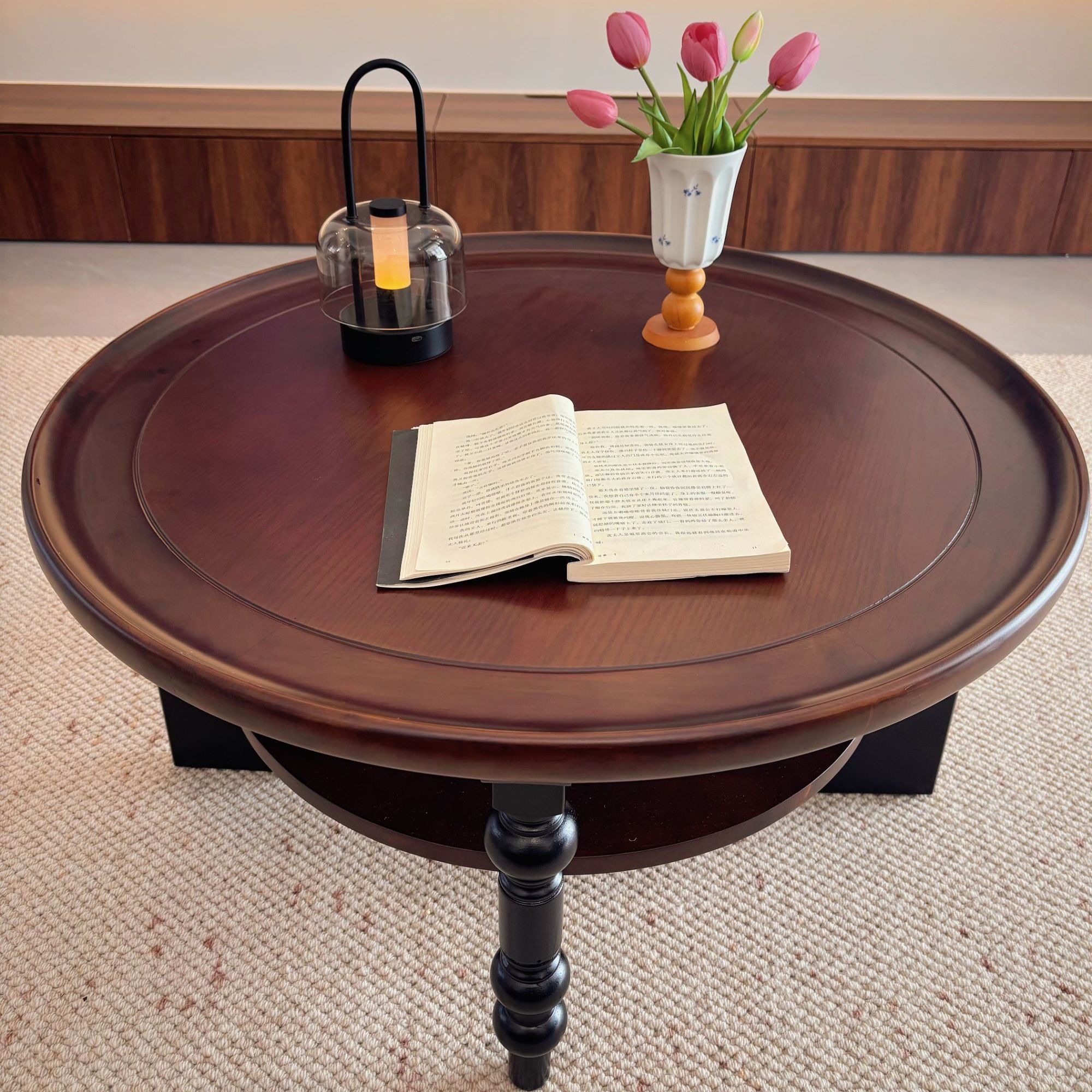 中古风实木茶几圆形法式复古轻奢2025美式茶桌家用小户型客厅边几