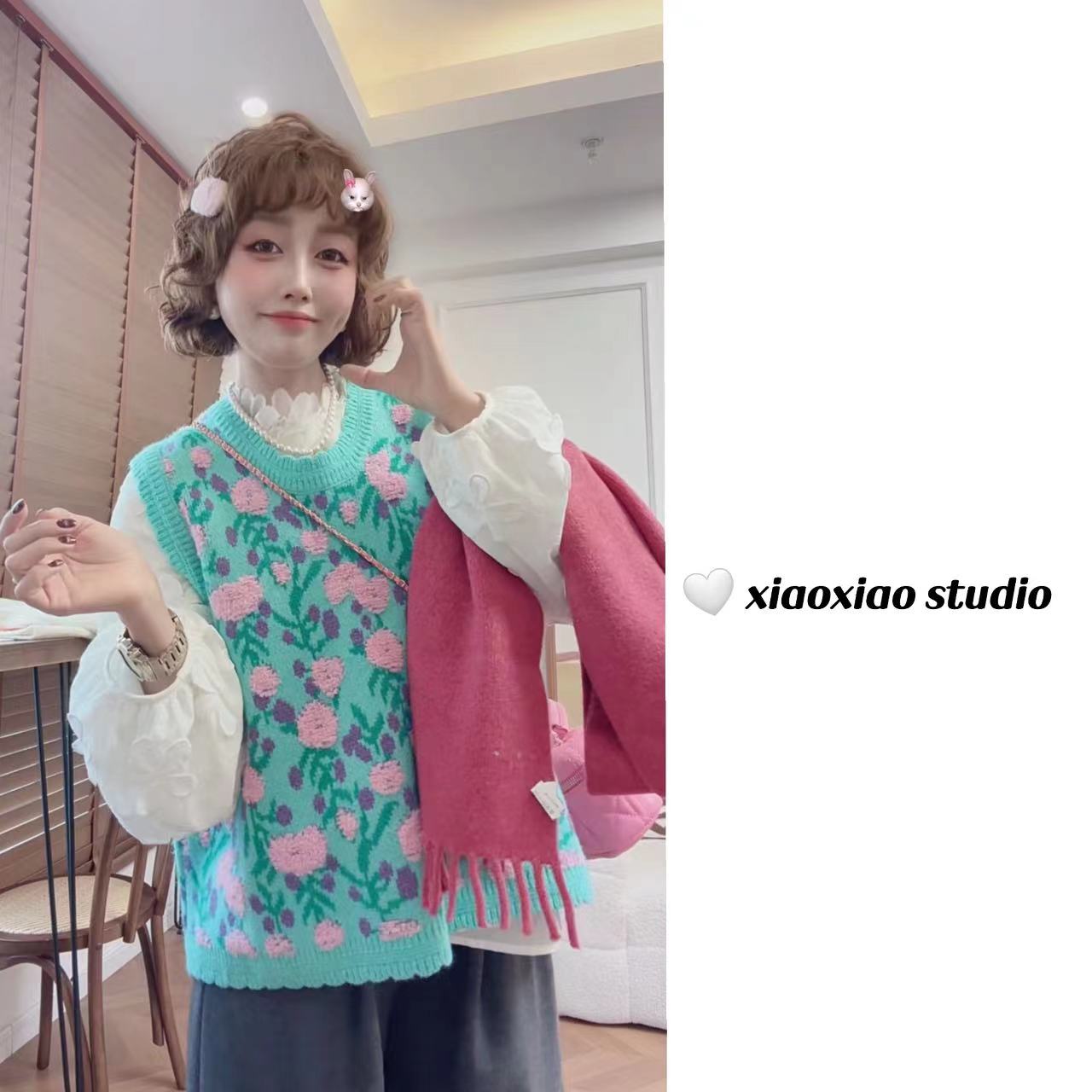 【满园桃花】【立体植绒工艺】【春秋冬三季可穿】潇潇毛线马甲XM1221