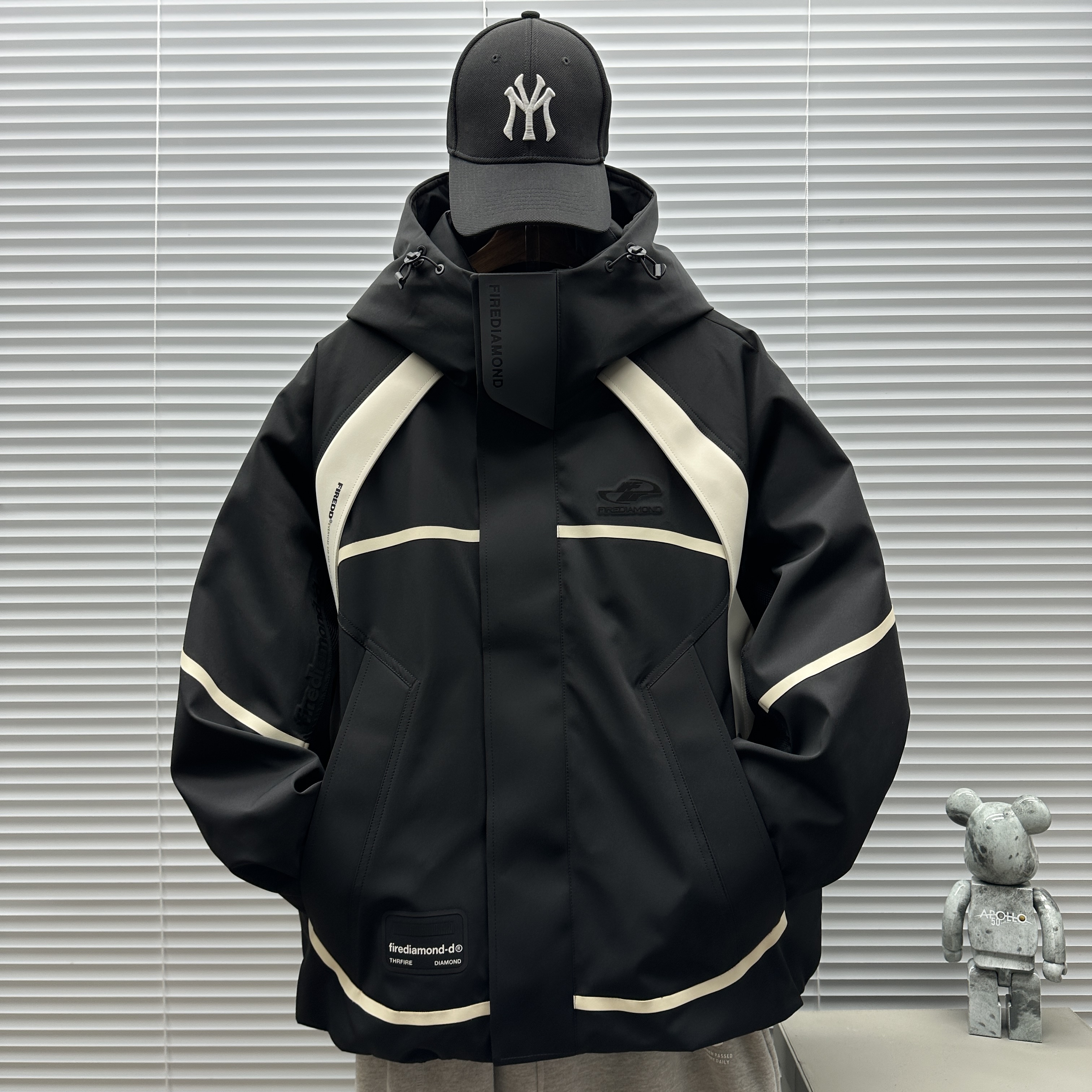 FD原创正品印花潮牌撞色连帽羽绒服冬季新款拼色宽松加厚防风外套