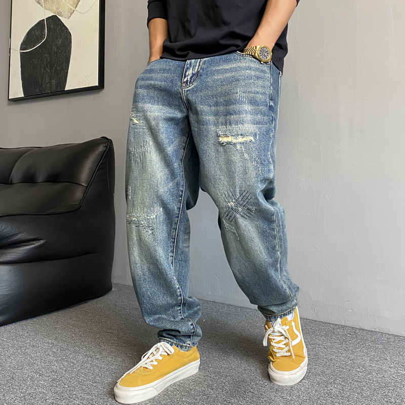 大码美式休闲痞帅复古破洞补丁牛仔裤男直筒宽松百搭锥形乞丐裤子